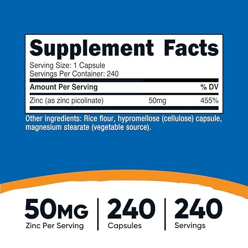 Nutricost Zinkpicolinat 50 mg, 240 vegetarische Kapseln – Glutenfrei und Nicht-GVO