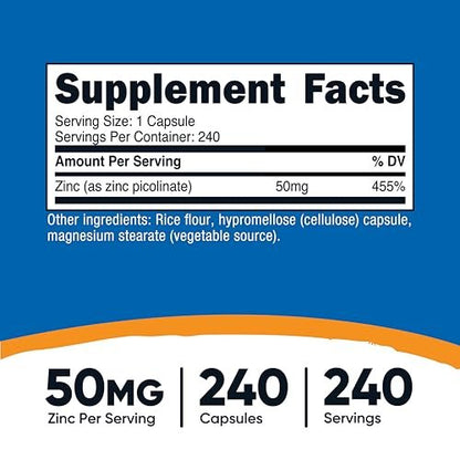 Nutricost Zinkpicolinat 50 mg, 240 vegetarische Kapseln – Glutenfrei und Nicht-GVO