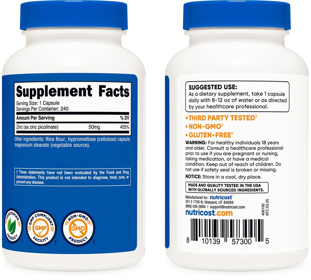 Nutricost Zinkpicolinat 50 mg, 240 vegetarische Kapseln – Glutenfrei und Nicht-GVO