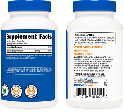 Nutricost Zinkpicolinat 50 mg, 240 vegetarische Kapseln – Glutenfrei und Nicht-GVO