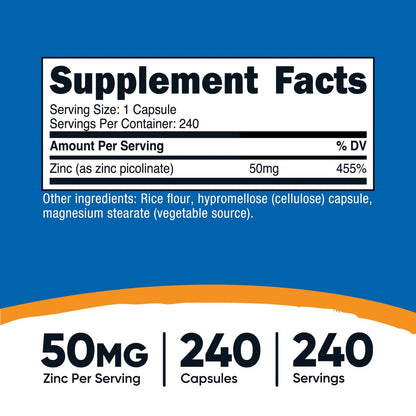 Nutricost Zinkpicolinat 50 mg, 240 vegetarische Kapseln – Glutenfrei und Nicht-GVO