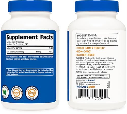 Nutricost Zinkpicolinat 50 mg, 240 vegetarische Kapseln – Glutenfrei und Nicht-GVO