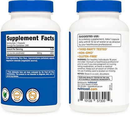 Nutricost Zinkpicolinat 50 mg, 240 vegetarische Kapseln – Glutenfrei und Nicht-GVO