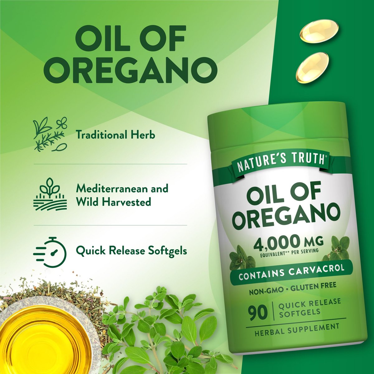 Nature's Truth Oreganoöl Softgels | 90 Kapseln | Mit Carvacrol | Nahrungsergänzungsmittel, Nicht-GVO & Glutenfrei