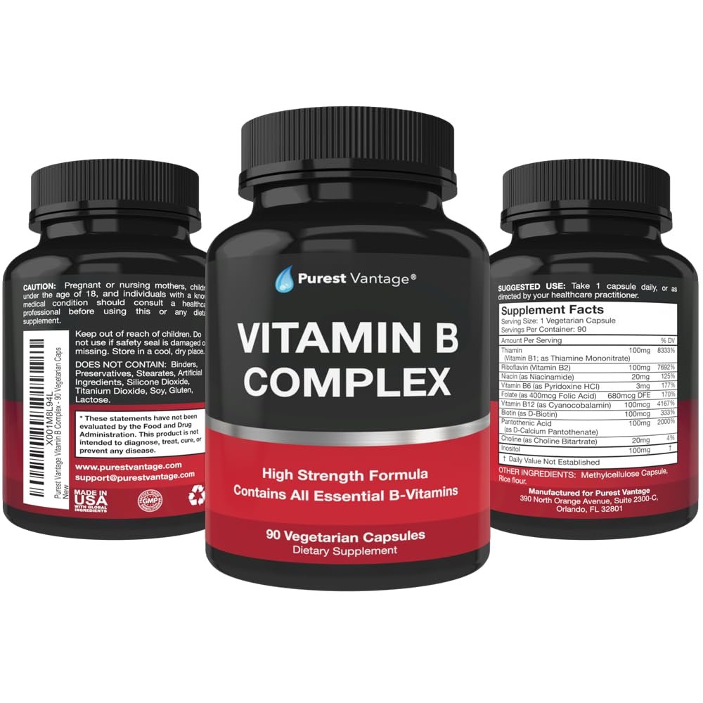 Purest vantage Vitamin B Komplex – B12, B1, B2, B3, B5, B6, B7, B9, Folsäure – Super B Komplex für Frauen, Männer, Erwachsene – 90 vegane Kapseln