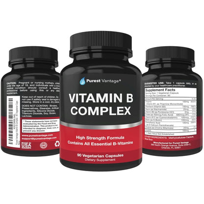Purest vantage Vitamin B Komplex – B12, B1, B2, B3, B5, B6, B7, B9, Folsäure – Super B Komplex für Frauen, Männer, Erwachsene – 90 vegane Kapseln