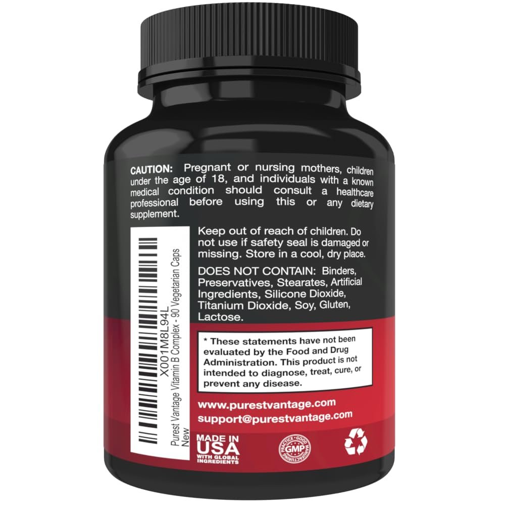 Purest vantage Vitamin B Komplex – B12, B1, B2, B3, B5, B6, B7, B9, Folsäure – Super B Komplex für Frauen, Männer, Erwachsene – 90 vegane Kapseln