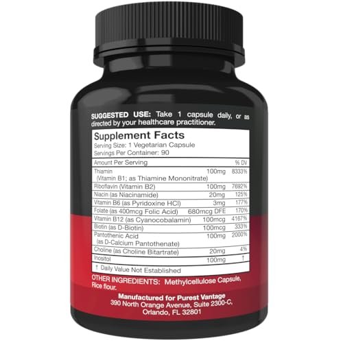 Purest vantage Vitamin B Komplex – B12, B1, B2, B3, B5, B6, B7, B9, Folsäure – Super B Komplex für Frauen, Männer, Erwachsene – 90 vegane Kapseln