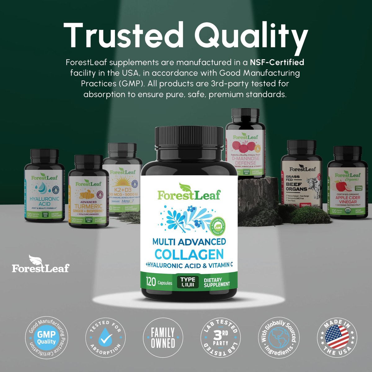 ForestLeaf Multi-Kollagen Kapseln mit Hyaluronsäure + Vitamin C | Hydrolysiertes Kollagen für Frauen und Männer | Kollagen-Peptide für Haut, Falten, 120 Kapseln