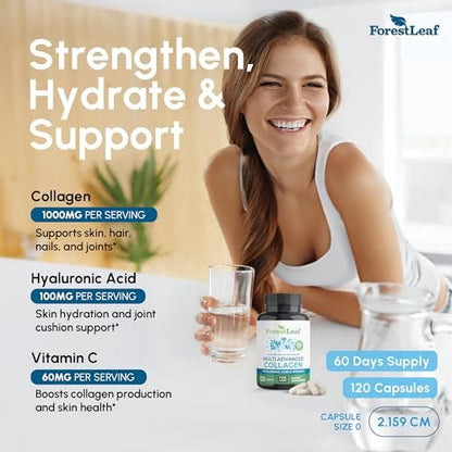 ForestLeaf Multi-Kollagen Kapseln mit Hyaluronsäure + Vitamin C | Hydrolysiertes Kollagen für Frauen und Männer | Kollagen-Peptide für Haut, Falten, 120 Kapseln