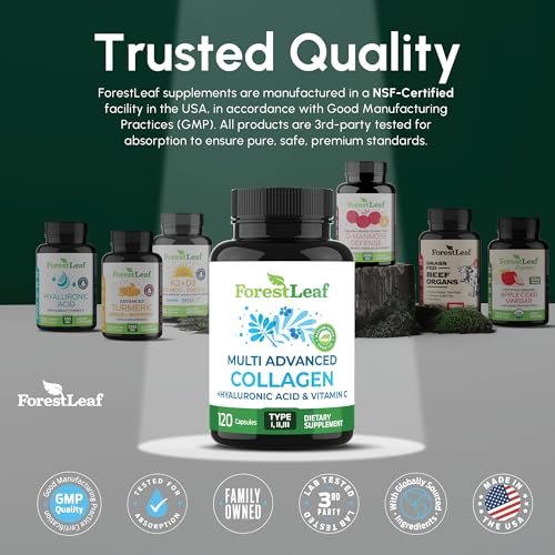 ForestLeaf Multi-Kollagen Kapseln mit Hyaluronsäure + Vitamin C | Hydrolysiertes Kollagen für Frauen und Männer | Kollagen-Peptide für Haut, Falten, 120 Kapseln