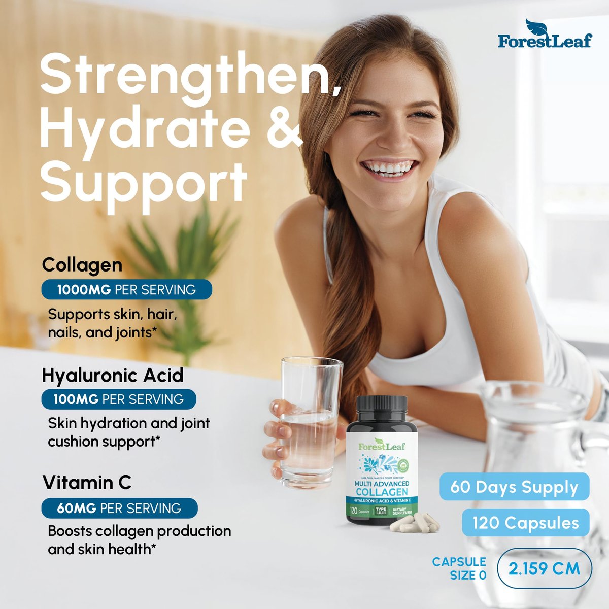 ForestLeaf Multi-Kollagen Kapseln mit Hyaluronsäure + Vitamin C | Hydrolysiertes Kollagen für Frauen und Männer | Kollagen-Peptide für Haut, Falten, 120 Kapseln