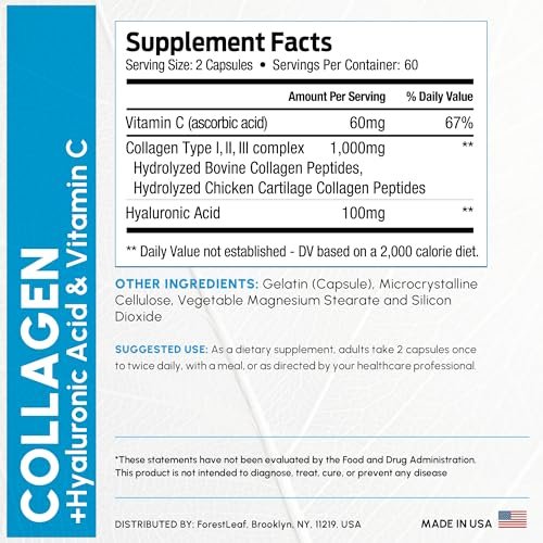 ForestLeaf Multi-Kollagen Kapseln mit Hyaluronsäure + Vitamin C | Hydrolysiertes Kollagen für Frauen und Männer | Kollagen-Peptide für Haut, Falten, 120 Kapseln