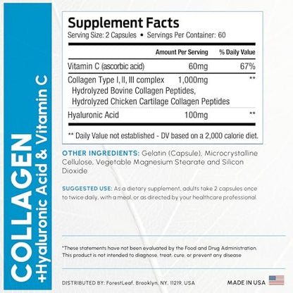 ForestLeaf Multi-Kollagen Kapseln mit Hyaluronsäure + Vitamin C | Hydrolysiertes Kollagen für Frauen und Männer | Kollagen-Peptide für Haut, Falten, 120 Kapseln