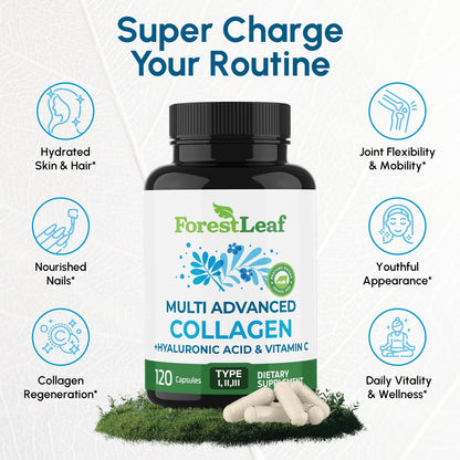 ForestLeaf Multi-Kollagen Kapseln mit Hyaluronsäure + Vitamin C | Hydrolysiertes Kollagen für Frauen und Männer | Kollagen-Peptide für Haut, Falten, 120 Kapseln