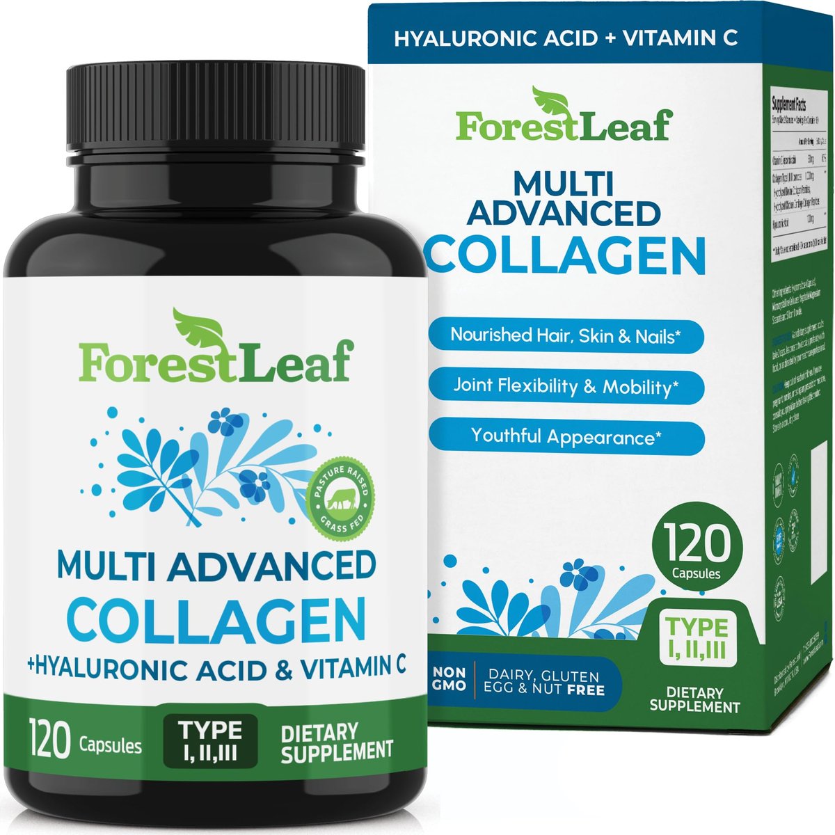 ForestLeaf Multi-Kollagen Kapseln mit Hyaluronsäure + Vitamin C | Hydrolysiertes Kollagen für Frauen und Männer | Kollagen-Peptide für Haut, Falten, 120 Kapseln