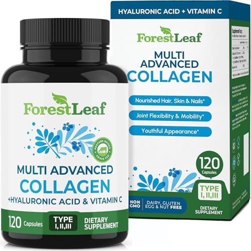 ForestLeaf Multi-Kollagen Kapseln mit Hyaluronsäure + Vitamin C | Hydrolysiertes Kollagen für Frauen und Männer | Kollagen-Peptide für Haut, Falten, 120 Kapseln