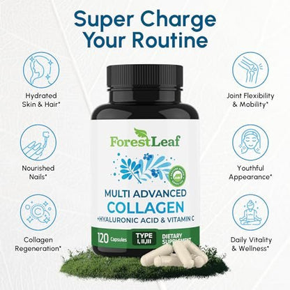 ForestLeaf Multi-Kollagen Kapseln mit Hyaluronsäure + Vitamin C | Hydrolysiertes Kollagen für Frauen und Männer | Kollagen-Peptide für Haut, Falten, 120 Kapseln
