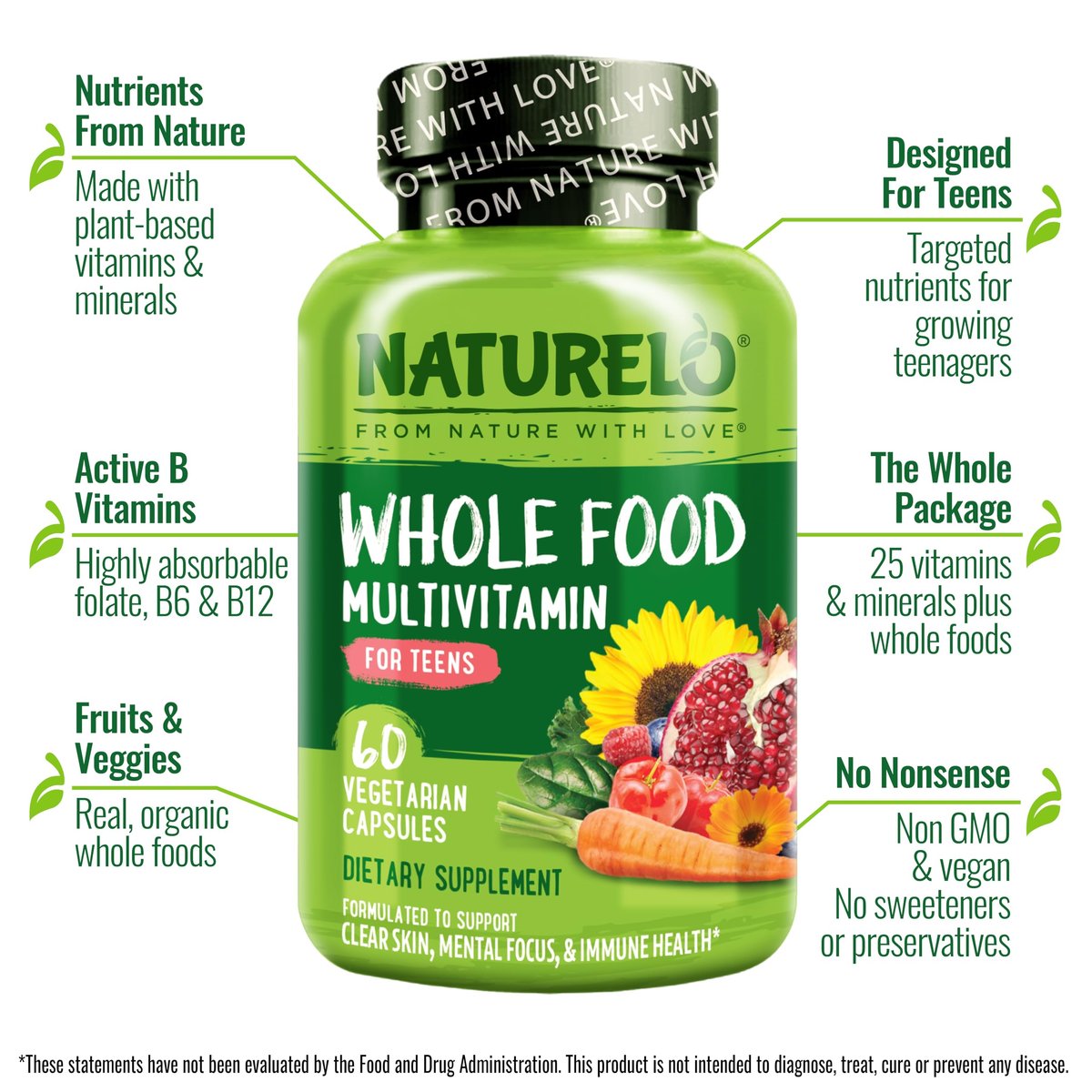NATURELO Multivitamin für Jugendliche – 60 Kapseln – Ganzheitliches Nahrungsergänzungsmittel mit Mineralien – Vegan & Non-GMO