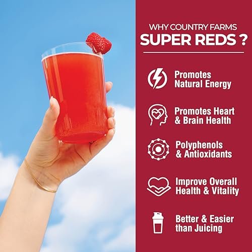 COUNTRY FARMS Super Reds – Energierender Polyphenol-Superfood-Mix mit 48 Superfrüchten und Beeren, starke Antioxidantien, unterstützt Energie, 20 Portionen, gemischter Beerengeschmack