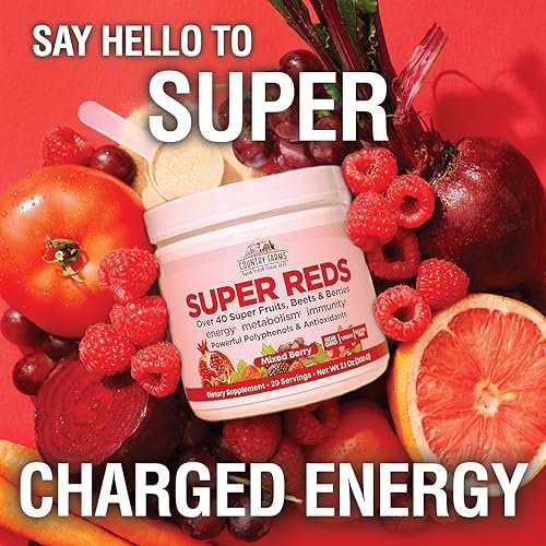 COUNTRY FARMS Super Reds – Energierender Polyphenol-Superfood-Mix mit 48 Superfrüchten und Beeren, starke Antioxidantien, unterstützt Energie, 20 Portionen, gemischter Beerengeschmack