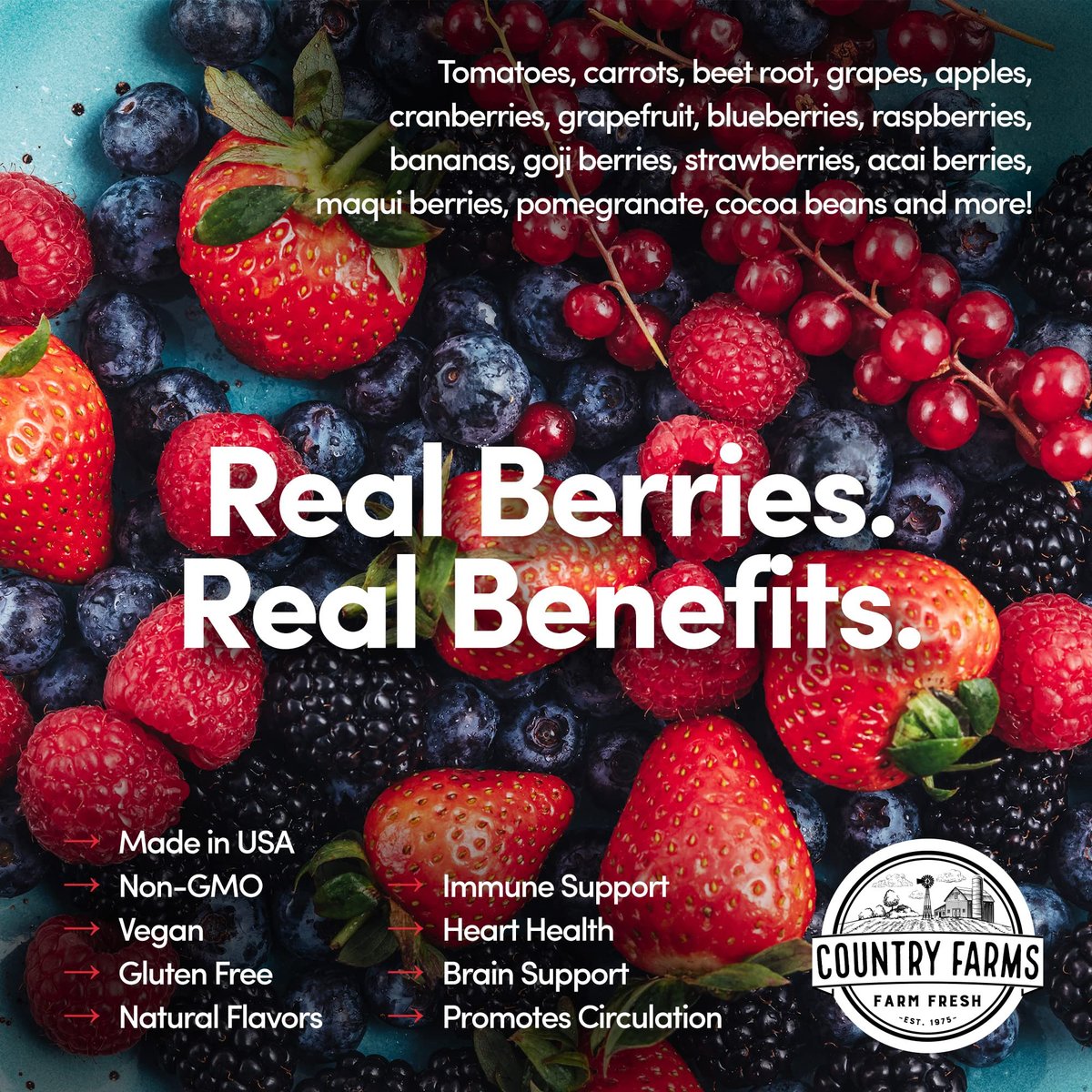 COUNTRY FARMS Super Reds – Energierender Polyphenol-Superfood-Mix mit 48 Superfrüchten und Beeren, starke Antioxidantien, unterstützt Energie, 20 Portionen, gemischter Beerengeschmack