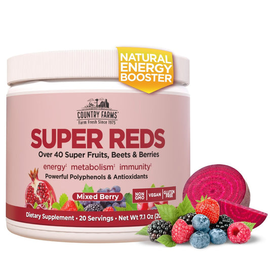 COUNTRY FARMS Super Reds – Energierender Polyphenol-Superfood-Mix mit 48 Superfrüchten und Beeren, starke Antioxidantien, unterstützt Energie, 20 Portionen, gemischter Beerengeschmack