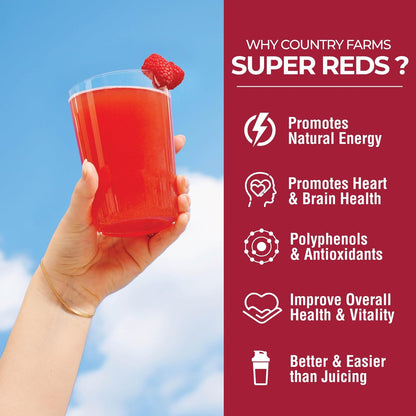 COUNTRY FARMS Super Reds – Energierender Polyphenol-Superfood-Mix mit 48 Superfrüchten und Beeren, starke Antioxidantien, unterstützt Energie, 20 Portionen, gemischter Beerengeschmack