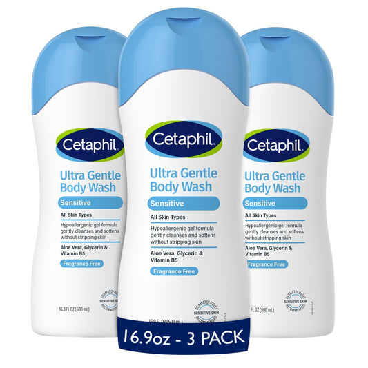 Cetaphil Ultra Sanfte Körperwäsche, für trockene bis normale, empfindliche Haut, 16,9 oz (3er-Pack), mit Aloe Vera, Vitamin B5, hypoallergen, parabenfrei, duftstofffrei, dermatologisch getestet