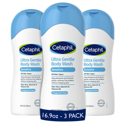 Cetaphil Ultra Sanfte Körperwäsche, für trockene bis normale, empfindliche Haut, 16,9 oz (3er-Pack), mit Aloe Vera, Vitamin B5, hypoallergen, parabenfrei, duftstofffrei, dermatologisch getestet