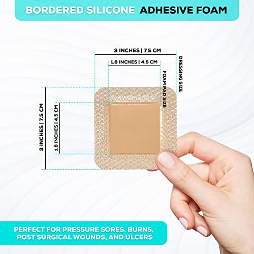 MedVance 5er-Pack 3"x3" Silikon-Schaumstoffverband mit Rand, wasserdichte Silikon-Bandagen zur Wundversorgung, Druckgeschwür-Pflaster, superabsorbierender Wundverband, selbstklebende Druckstellen-Pads