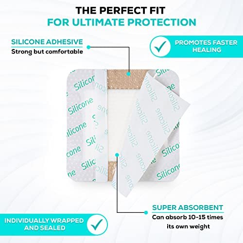 MedVance 5er-Pack 3"x3" Silikon-Schaumstoffverband mit Rand, wasserdichte Silikon-Bandagen zur Wundversorgung, Druckgeschwür-Pflaster, superabsorbierender Wundverband, selbstklebende Druckstellen-Pads