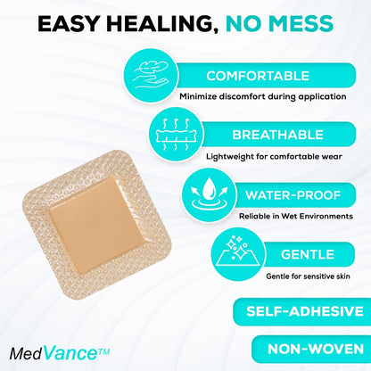 MedVance 5er-Pack 3"x3" Silikon-Schaumstoffverband mit Rand, wasserdichte Silikon-Bandagen zur Wundversorgung, Druckgeschwür-Pflaster, superabsorbierender Wundverband, selbstklebende Druckstellen-Pads