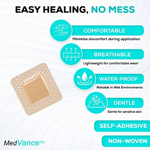 MedVance 5er-Pack 2x2 Zoll Silikon-Schaumverband mit Rand, wasserdichte Silikon-Wundauflagen, superabsorbierendes Wundpflaster, selbstklebend für Druckgeschwüre