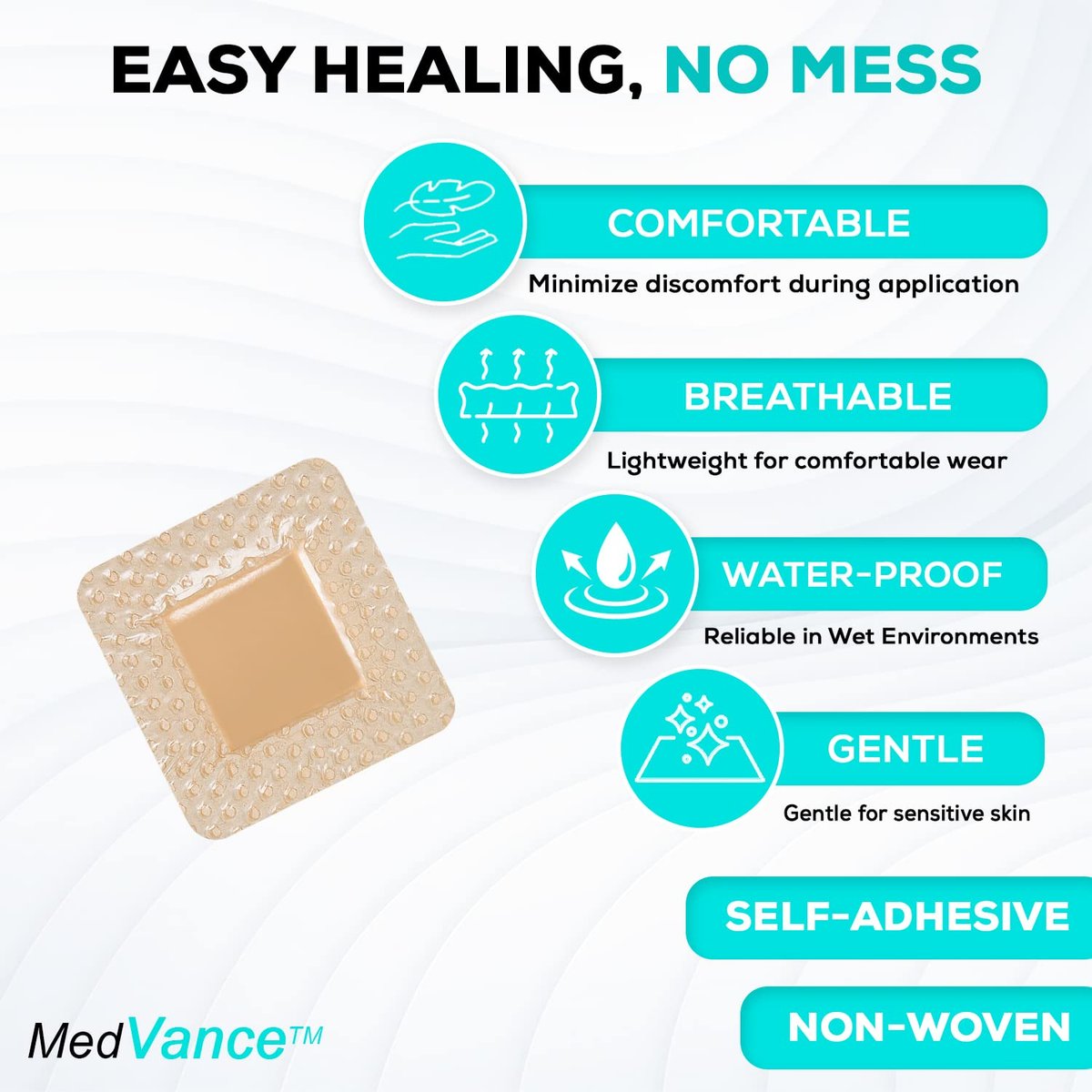 MedVance 5er-Pack 2x2 Zoll Silikon-Schaumverband mit Rand, wasserdichte Silikon-Wundauflagen, superabsorbierendes Wundpflaster, selbstklebend für Druckgeschwüre