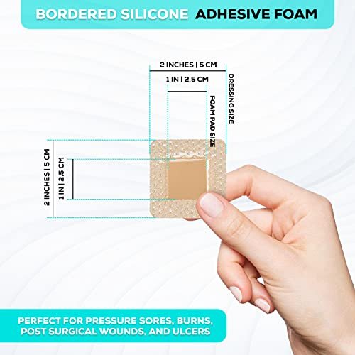 MedVance 5er-Pack 2x2 Zoll Silikon-Schaumverband mit Rand, wasserdichte Silikon-Wundauflagen, superabsorbierendes Wundpflaster, selbstklebend für Druckgeschwüre