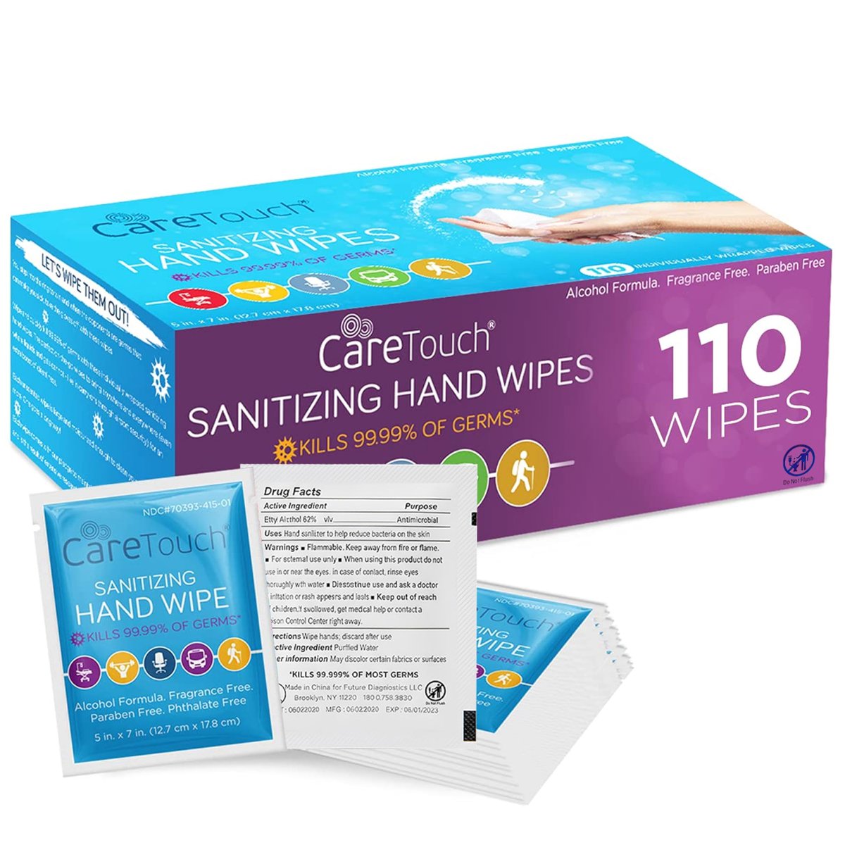 Care Touch Handdesinfektionstücher – 110 einzeln verpackte Desinfektionstücher für unterwegs – Reinigungstücher für Zuhause, Büro und Outdoor