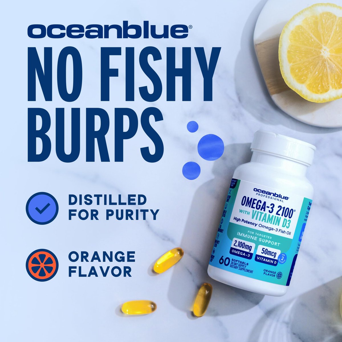 Oceanblue Professional Omega-3 2100 mit Vitamin D3 – 60 Kapseln – Dreifachstärke Fischöl Ergänzung mit hochdosiertem EPA, DHA, DPA und Vitamin D3 – Wildgefangen – Orangengeschmack (30 Portionen)