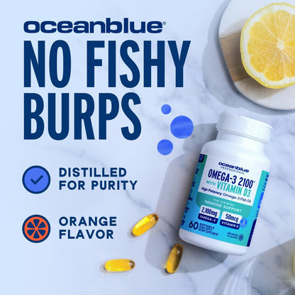 Oceanblue Professional Omega-3 2100 mit Vitamin D3 – 60 Kapseln – Dreifachstärke Fischöl Ergänzung mit hochdosiertem EPA, DHA, DPA und Vitamin D3 – Wildgefangen – Orangengeschmack (30 Portionen)