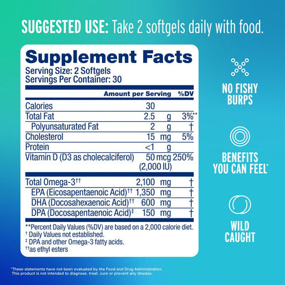 Oceanblue Professional Omega-3 2100 mit Vitamin D3 – 60 Kapseln – Dreifachstärke Fischöl Ergänzung mit hochdosiertem EPA, DHA, DPA und Vitamin D3 – Wildgefangen – Orangengeschmack (30 Portionen)