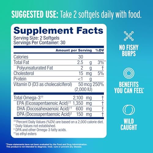 Oceanblue Professional Omega-3 2100 mit Vitamin D3 – 60 Kapseln – Dreifachstärke Fischöl Ergänzung mit hochdosiertem EPA, DHA, DPA und Vitamin D3 – Wildgefangen – Orangengeschmack (30 Portionen)