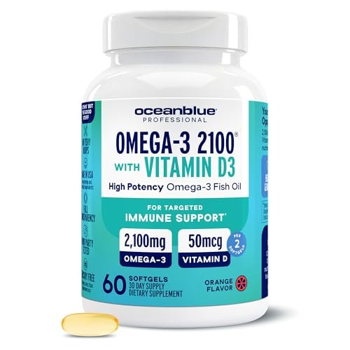 Oceanblue Professional Omega-3 2100 mit Vitamin D3 – 60 Kapseln – Dreifachstärke Fischöl Ergänzung mit hochdosiertem EPA, DHA, DPA und Vitamin D3 – Wildgefangen – Orangengeschmack (30 Portionen)