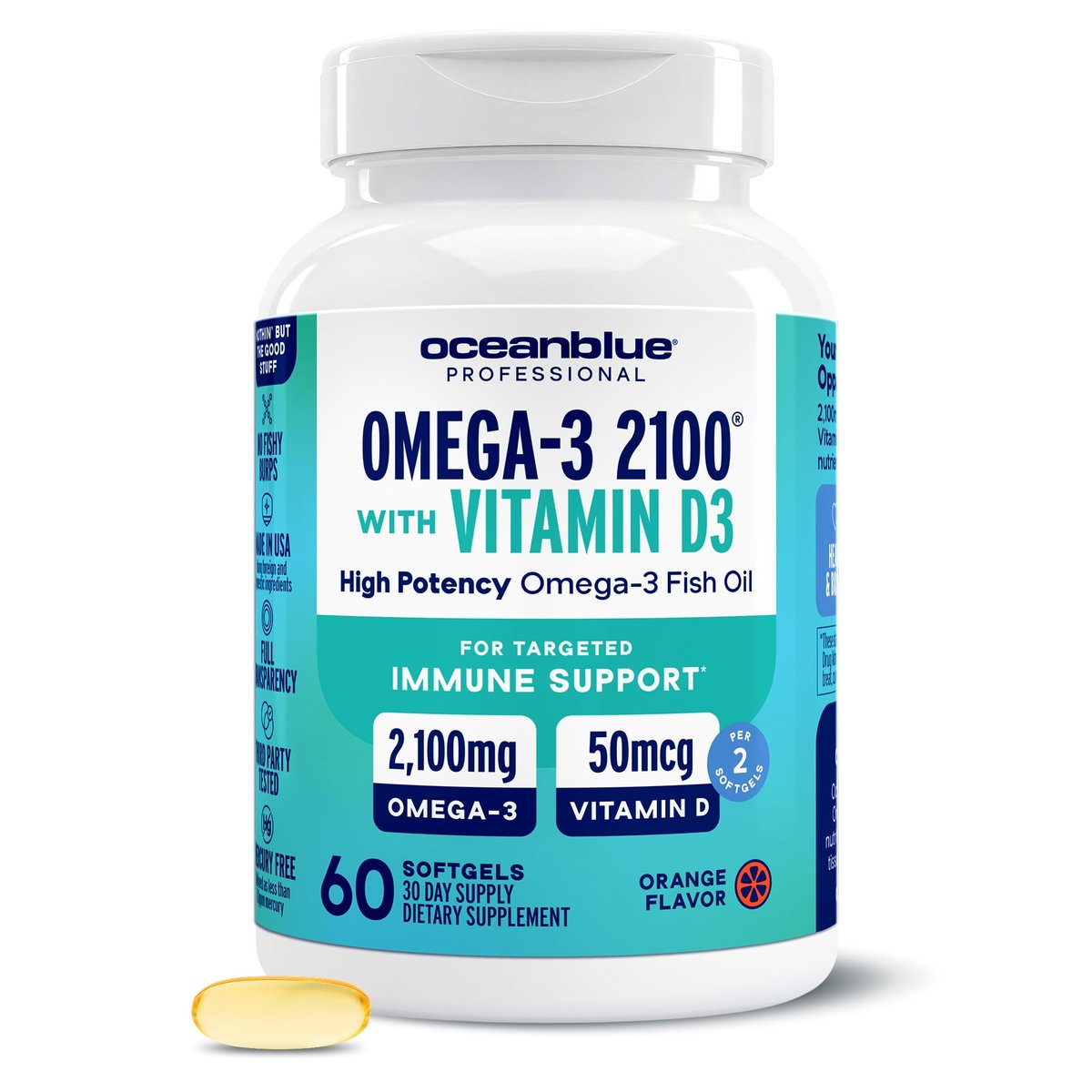 Oceanblue Professional Omega-3 2100 mit Vitamin D3 – 60 Kapseln – Dreifachstärke Fischöl Ergänzung mit hochdosiertem EPA, DHA, DPA und Vitamin D3 – Wildgefangen – Orangengeschmack (30 Portionen)