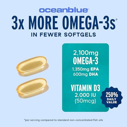 Oceanblue Professional Omega-3 2100 mit Vitamin D3 – 60 Kapseln – Dreifachstärke Fischöl Ergänzung mit hochdosiertem EPA, DHA, DPA und Vitamin D3 – Wildgefangen – Orangengeschmack (30 Portionen)