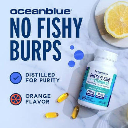 Oceanblue Professional Omega-3 2100 mit Vitamin D3 – 60 Kapseln – Dreifachstärke Fischöl Ergänzung mit hochdosiertem EPA, DHA, DPA und Vitamin D3 – Wildgefangen – Orangengeschmack (30 Portionen)