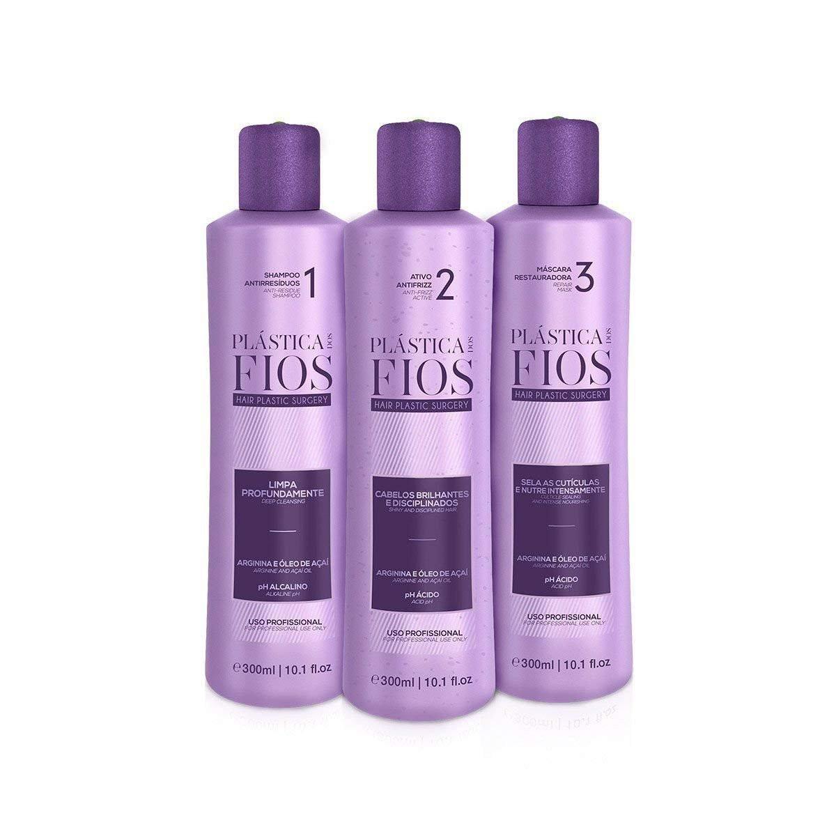 Plastica Dos Fios - Brasilianisches Keratin-Haar-Glättungssystem, Anti-Rückstands-Shampoo und Reparaturmaske, das beste Behandlungssystem - (3x300 ml) (Set mit 3) Kamm enthalten