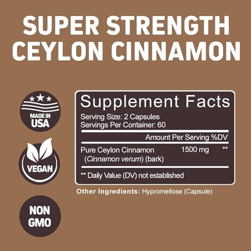 Herbtonics Reines Ceylon Zimt Kapseln | Immunsystem, Gesundes Gewichtsmanagement | Non-GMO, Glutenfrei | 1500 mg - 120 Kapseln
