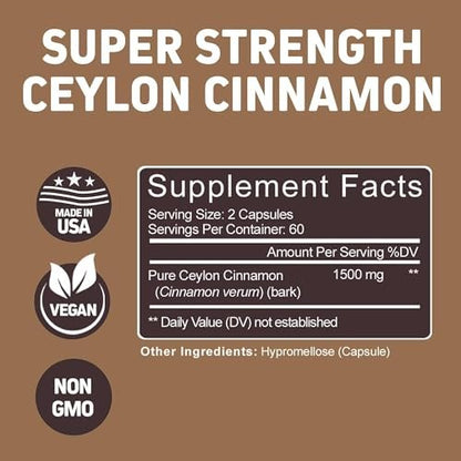 Herbtonics Reines Ceylon Zimt Kapseln | Immunsystem, Gesundes Gewichtsmanagement | Non-GMO, Glutenfrei | 1500 mg - 120 Kapseln