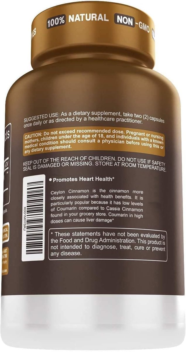 Herbtonics Reines Ceylon Zimt Kapseln | Immunsystem, Gesundes Gewichtsmanagement | Non-GMO, Glutenfrei | 1500 mg - 120 Kapseln
