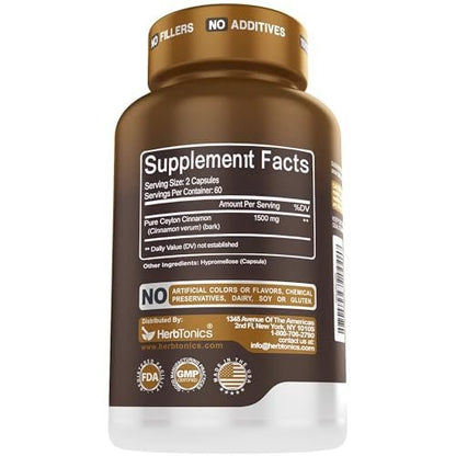 Herbtonics Reines Ceylon Zimt Kapseln | Immunsystem, Gesundes Gewichtsmanagement | Non-GMO, Glutenfrei | 1500 mg - 120 Kapseln